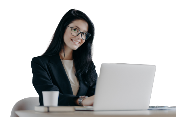 Happy worker with coffee at desk